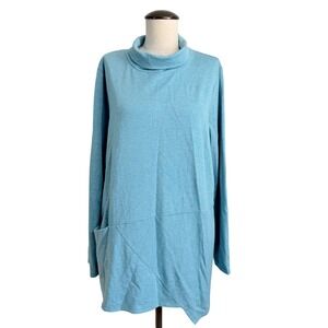 Pure Jill Luxe Tencel Blue Funnel Neck Asymmetric Hem Tunic Top Large L Pockets